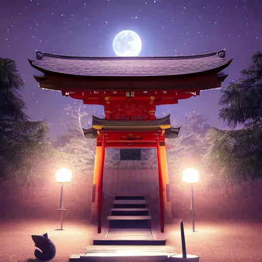 Prompt: kitsune protecting a japanse shrine at night with the moonlight, Unreal Engine, HDR, Trending on Artstation