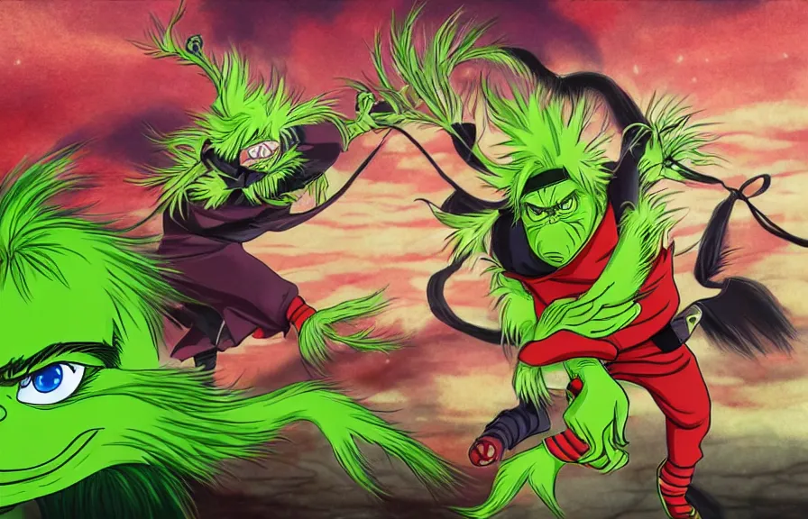 Prompt: The Grinch activates his sharingan eye while fighting Naruto, battle scene, anime style, highly detailed, 8k, sharp, Masashi Kishimoto