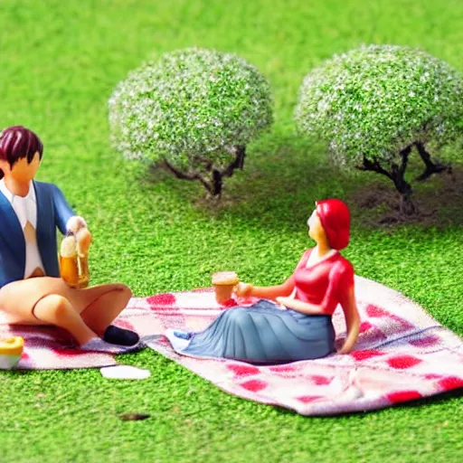 Prompt: a miniature diorama model of a couple having a picnic in a Tokyo park