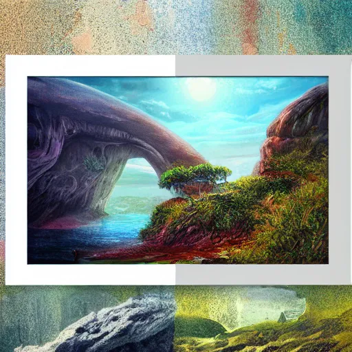 Image similar to artistic digital artwork of a lush natural scene on an alien planet. beautiful landscape by lurid ( 2 0 2 2 ). weird vegetation. cliffs and water. grainy and rough. interesting pastel colour palette. beautiful light. oil and water colour based on high quality render.