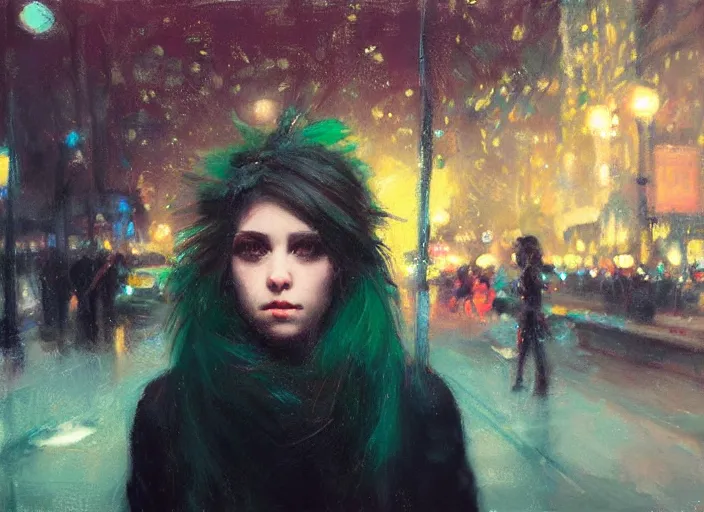 Image similar to detailed portrait of a punk girl with green eyes in the city street at night, bokeh, long exposure, painting by jeremy lipking christopher doyle