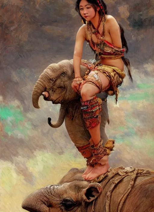 Image similar to portrait of the tribal ethnic asian female, sitting on top of a war elephante poses by gaston bussiere, anna nikonova aka newmilky, greg rutkowski, yoji shinkawa, yoshitaka amano, tsutomu niehi, impressionism, monet,