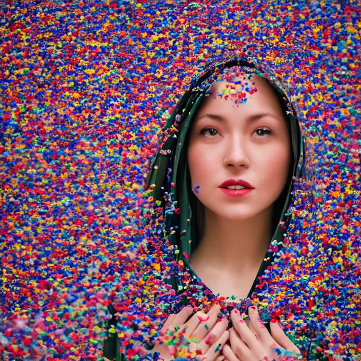 Prompt: a closeup portrait of a woman wearing a cloak, swimming in a pool of millions of butterflies, canon eos c 3 0 0, ƒ 1. 8, 3 5 mm, 8 k, medium - format print