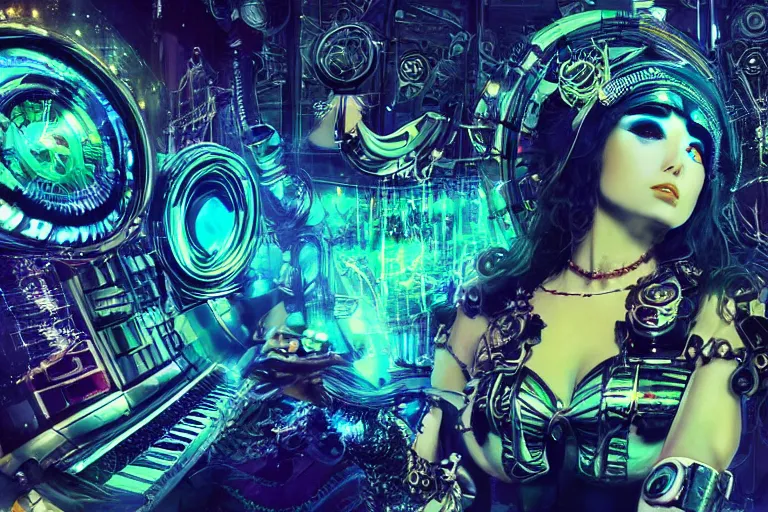 Prompt: a technopunk cybercore steampunk muse, the maiden of music and enlightenment, hyperintricate digital art, color - wheel, contrast maximization, trending on behance hd