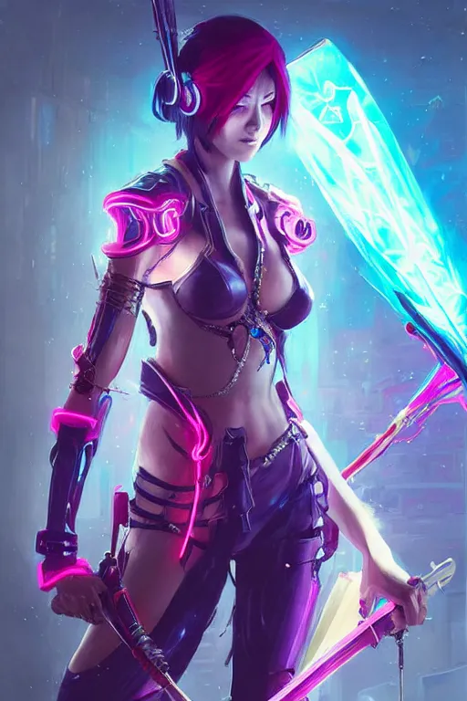 Image similar to fiora from league of legends, cyberpunk futuristic neon. she is holding a sword, decorated with traditional japanese ornaments by ismail inceoglu dragan bibin hans thoma greg rutkowski alexandros pyromallis nekro rene maritte illustrated, perfect face, fine details, realistic shaded, fine - face, pretty face, masterpiece