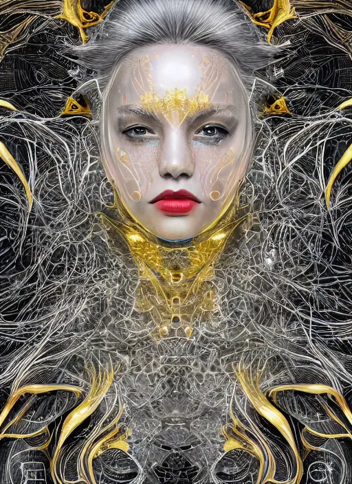 Image similar to glowing silver and golden elements, full close-up portrait, vector dark witch from unsplash, book cover, green forest, white moon, red lips, establishing shot, extremly high detail, photo-realistic, cinematic lighting, pen and ink, intricate line drawings, by Yoshitaka Amano, Ruan Jia, Kentaro Miura, Artgerm, post processed, concept art, artstation, matte painting, style by eddie mendoza, raphael lacoste, alex ross