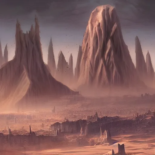 Prompt: a weird surreal and mystical city in the desert, fantasy concept art, matte painting, very detailed, trending on artstation, cinematic lighting, painted by caravaggio