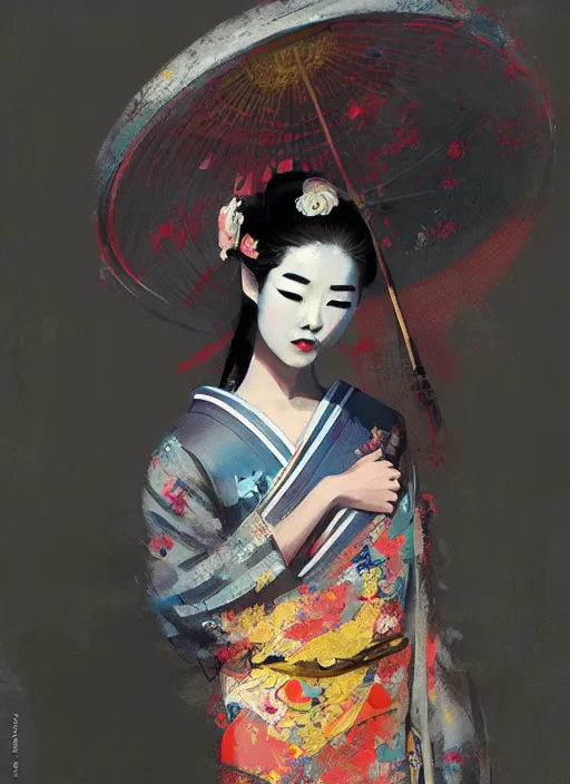 Prompt: female geisha girl, beautiful face, colourful, rule of thirds, intricate outfit, spotlight, by greg rutkowski, by jeremy mann, digital painting