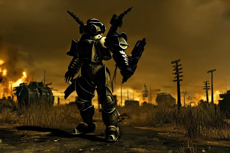 Image similar to a fursona ( from the furry fandom ), heavily armed and armored facing down armageddon in a dark and gritty version from the makers of fallout : war never changes