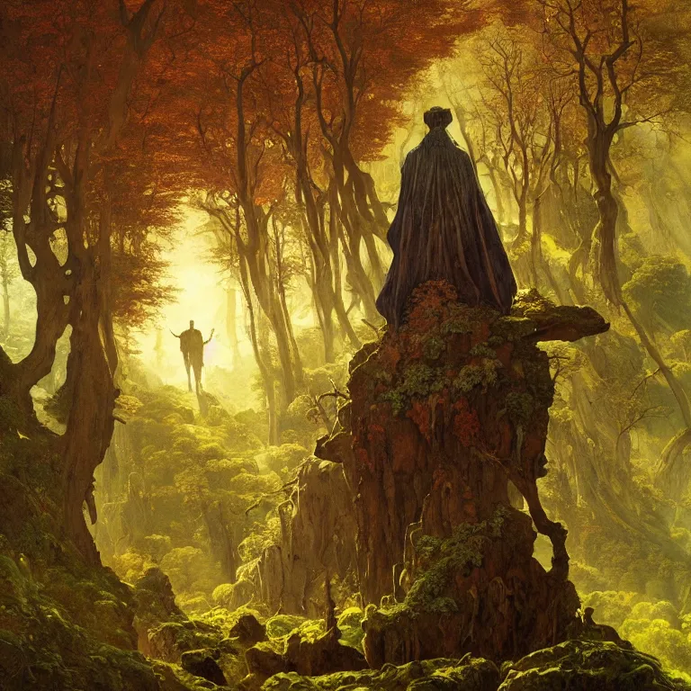 Prompt: a detailed landscape painting inspired by moebius and beksinski of a great forest with path and man with a cape over his head. fantasy poster. cinematic fantasy scene. aurora lighting. fantasy. carl spitzweg. baroque elements. baroque element. intricate artwork by caravaggio. oil painting. award winning. dramatic. trending on artstation. 8 k