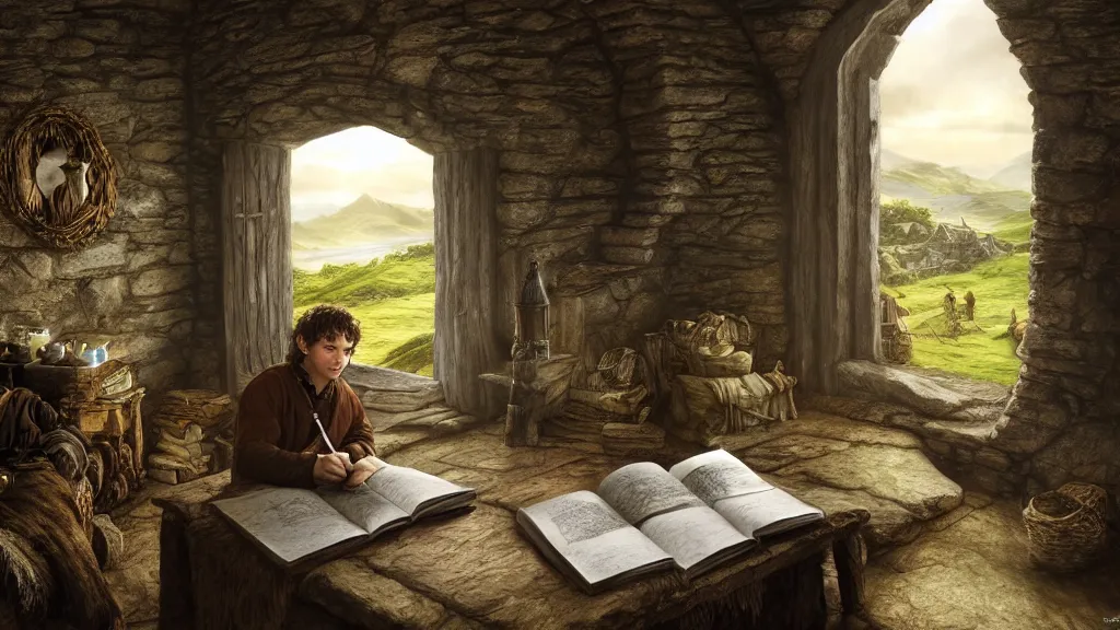 Prompt: frodo writing in his journal in bag end at the end of his journey, hobbiton visible through a window, by alan lee, michal karcz, smooth details, lord of the rings, game of thrones, smooth, detailed terrain, oil painting, trending artstation, concept art, fantasy matte painting