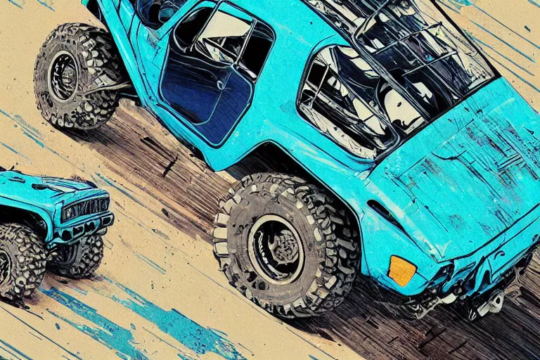 Image similar to digital illustration of a futuristic faded cyan mad max's fj 4 0 decrepit!!!! pursuit special, rusty!!! cyberpunk nissan fj cruiser heavily modded 1 9 9 0 s, the last v 8 interceptor by makoto shinkai, ilya kuvshinov, lois van baarle, rossdraws, basquiat