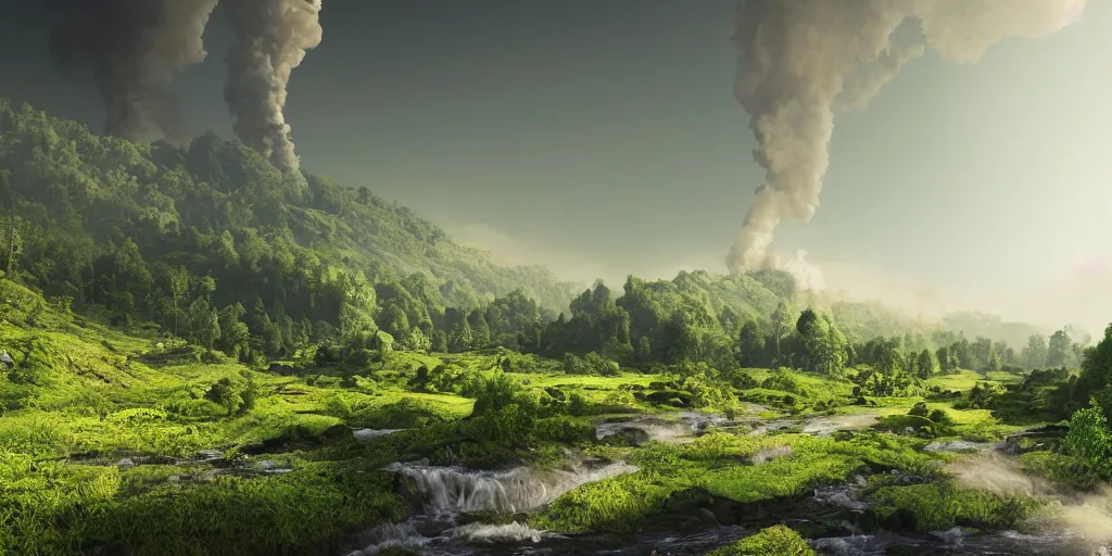 Prompt: a beautiful landscape photograph of a lush green high sided valley in summertime, a busy dirty industrial city architecture on the valley side, smoke from chimneys, a trickling stream of poisonous water at the bottom of the valley, pollution, toxic slime, toxic air, corona render, matte painting, god rays volume light, 4 k