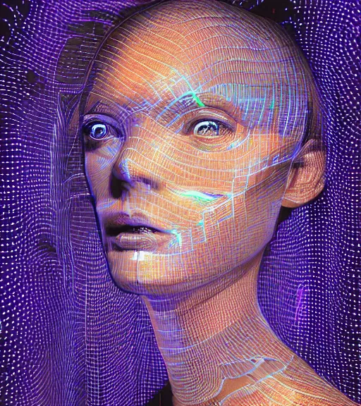 Image similar to hologram of a female face on a backdrop of data, Industrial Scifi, detailed illustration, character portrait, by Martin Grip and Moebius