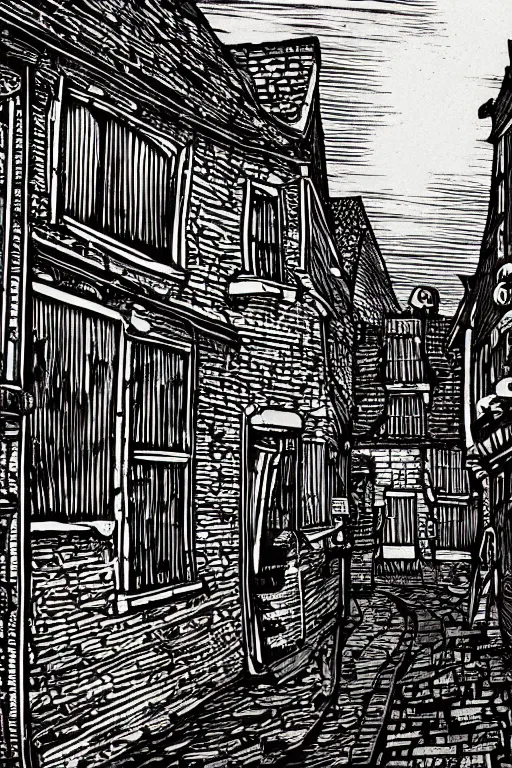 Image similar to a beautiful woodcut print of shambles and little shambles york, 8 k, frostbite 3 engine, cryengine, dof, trending on artstation, digital art, crepuscular ray, art by fossi _ images and tugboat printshop