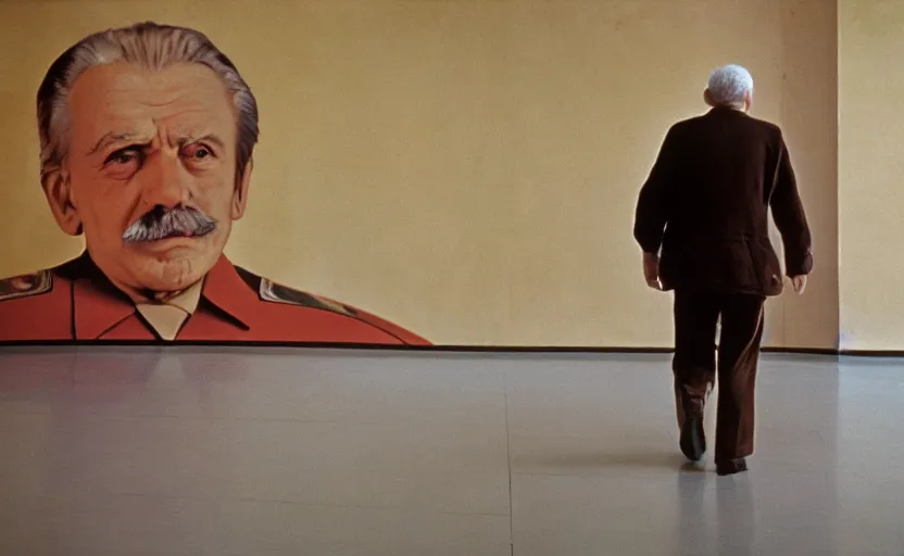 Image similar to 60s movie still close-up portrait of an elder soviet man walking in an empty sovietic museum with propaganda fresco, by David Bailey, Cinestill 800t 50mm eastmancolor, heavy grainy picture, very detailed, high quality, 4k, HD criterion, precise texture and facial expression