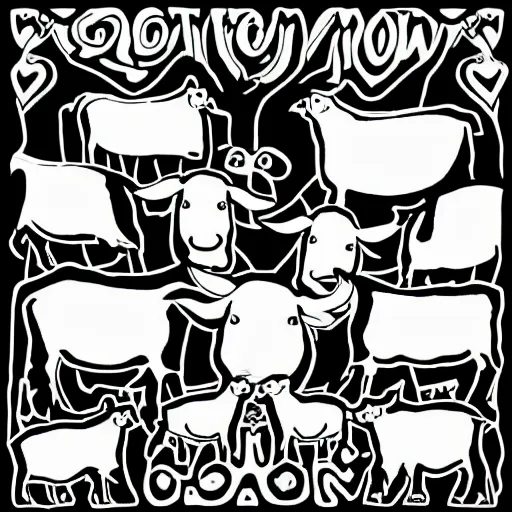 Image similar to antichrist, cow, pig, sheep, chicken, white on black vector ink drawing