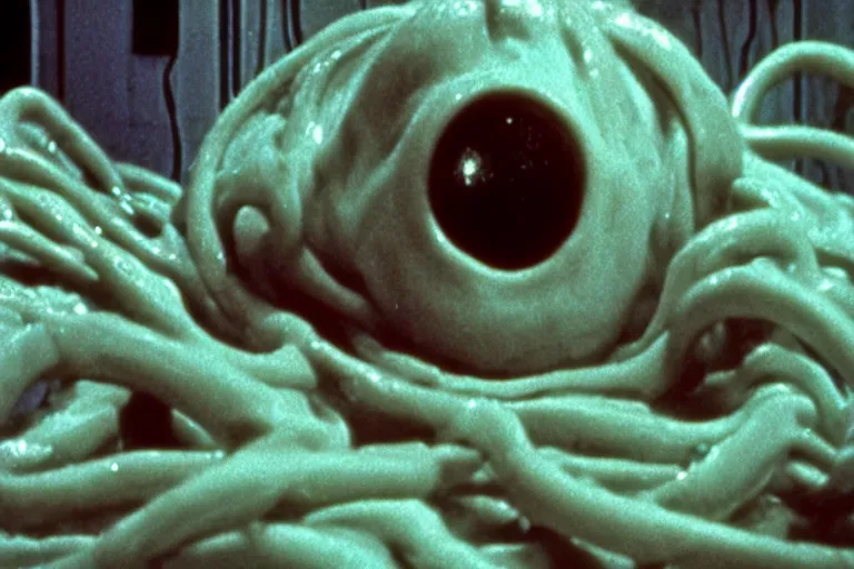 Image similar to scary filmic closeup color ground level angle movie still 35mm film color photograph of a shape shifting abstract alien organism from The Thing 1982 spewing swirling slimey tendrils inside of a child's bedroom, in the style of a horror film