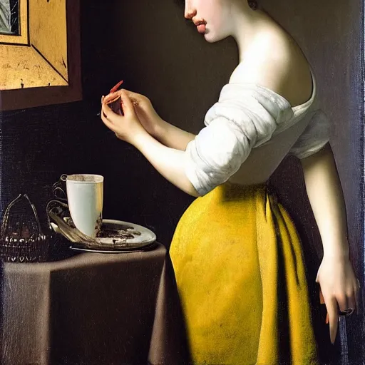 Image similar to dua lipa eating too many fries, johannes vermeer, ultra detailed, ultra realistic