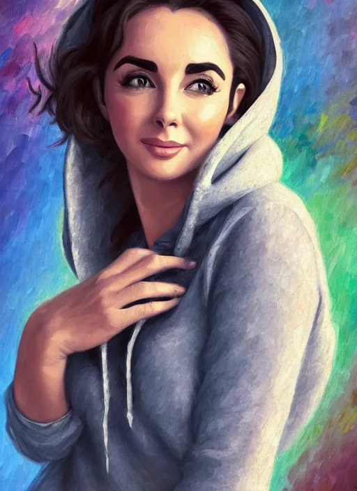 Image similar to elizabeth taylor, gray hoodie, jeans, beautiful hair, half body shot, path traced, highly detailed, high quality, digital painting, alena aenami, leonid afremov, lilia alvarado, shinji aramaki, karol bak, alphonse mucha, tom bagshaw