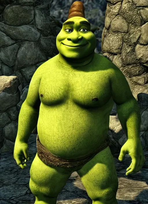 Prompt: Shrek as a skyrim npc