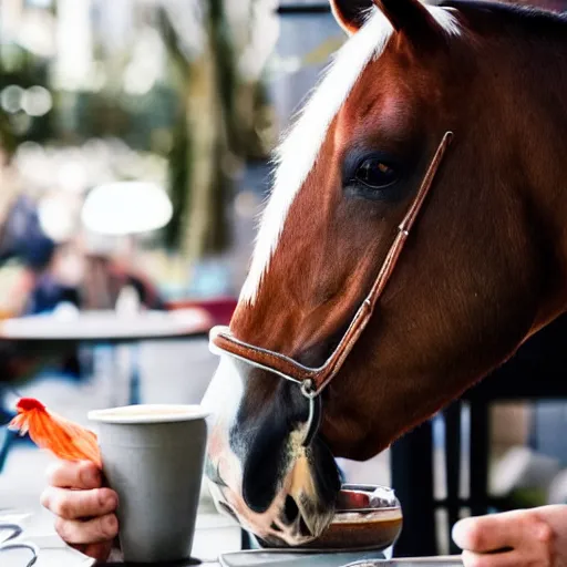 Prompt: a photo of a horse picking its nose, while in a cafe