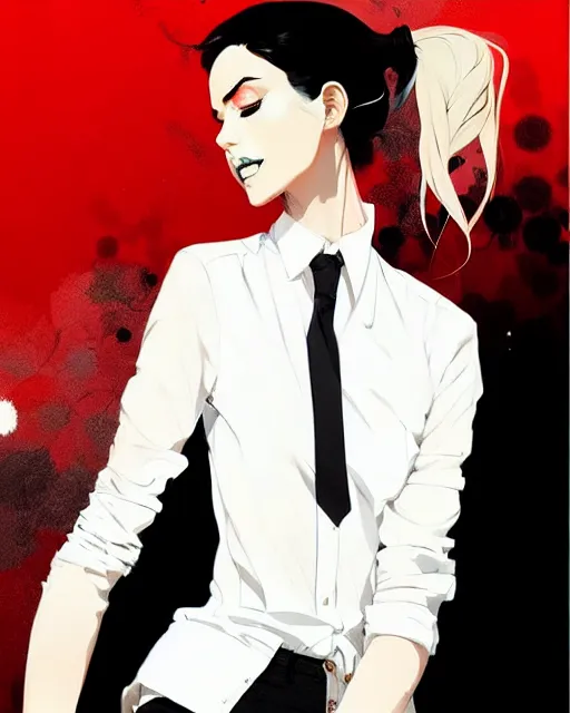 Image similar to a ultradetailed beautiful panting of a stylish woman, she is wearing a white shirt with a tie and black pants, by conrad roset, greg rutkowski and makoto shinkai trending on artstation