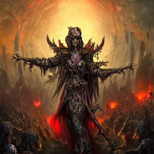 Prompt: Necromancer leading an army of the dead, maximalist, high detail, 8k, ornate, dark fantasy, realistic, masterpiece, Trending on art station, complex, WLOP