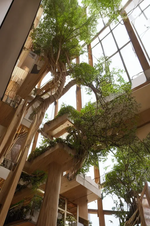 Image similar to urban atriums hyperdetailed hyperrealistic tree house, roots growing from bottom to ceiling, wooden modern decoration