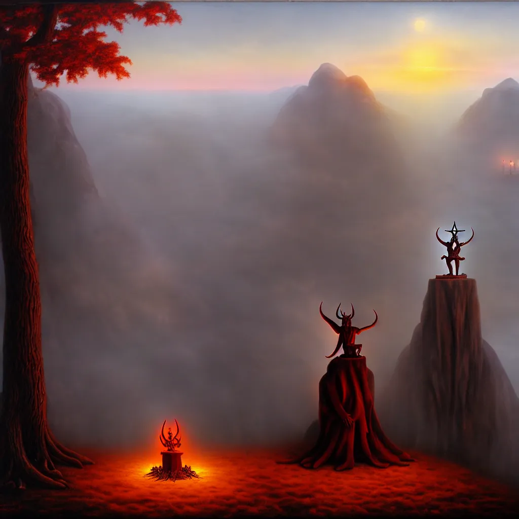 Prompt: satanic ritual, wooden statue, on a hill, a detailed matte painting, fantasy, foggy, grim, dark, oil on canvas