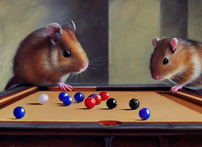 Prompt: a highly detailed beautiful portrait of a hamster playing pool, by gregory manchess, james gurney, james jean