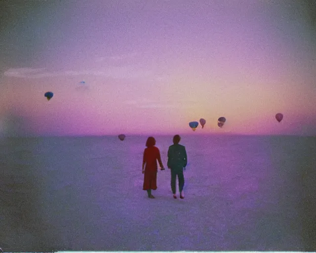 Image similar to a couple walks on the beach, thousands of multicolored hot air balloons float in the sky, violet and yellow sunset, polaroid photo, whimsical and psychedelic, 1 9 6 0 s, grainy, expired film, glitched