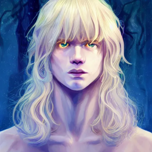 Image similar to Portrait of an androgynous blond prince in a beautiful world, pale milky white skin and long fluffy curly blond hair, symmetrically center parted curtain bangs, intricate, elegant, fantasy, highly detailed, digital painting, concept art, Junji Ito, sharp focus, illustration, beautiful volumetric lighting, epic light, artstation, magic hour lighting, colorful, sunshine, springtime, art by Sylvain Sarrailh