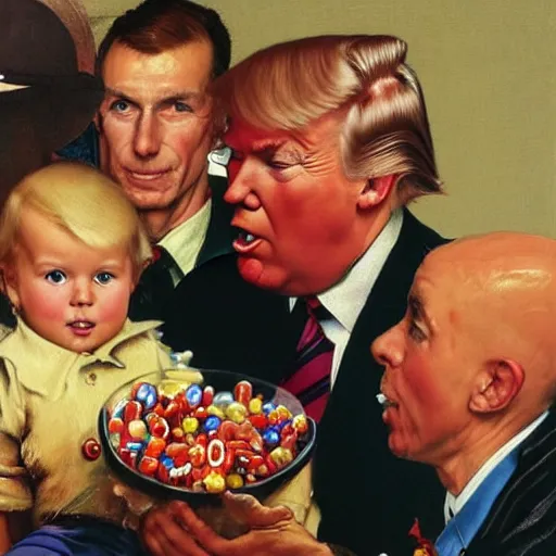 Prompt: Donald Trump stealing candy from a baby, painting by Norman Rockwell, 8k