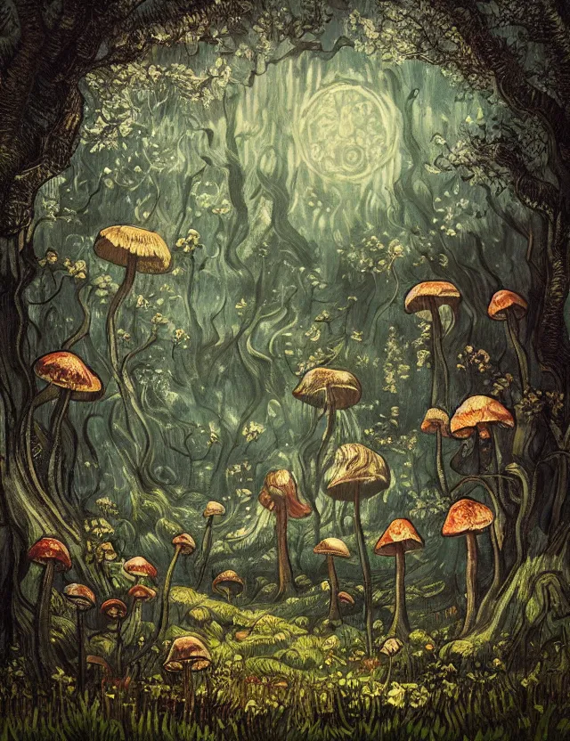 Image similar to mysterious fairy landscape of a mushroom kingdom in the middle of the foggy forest, ornate, misty, dark fantasy, intricate, ring light, baroque elements, van gogh art styles