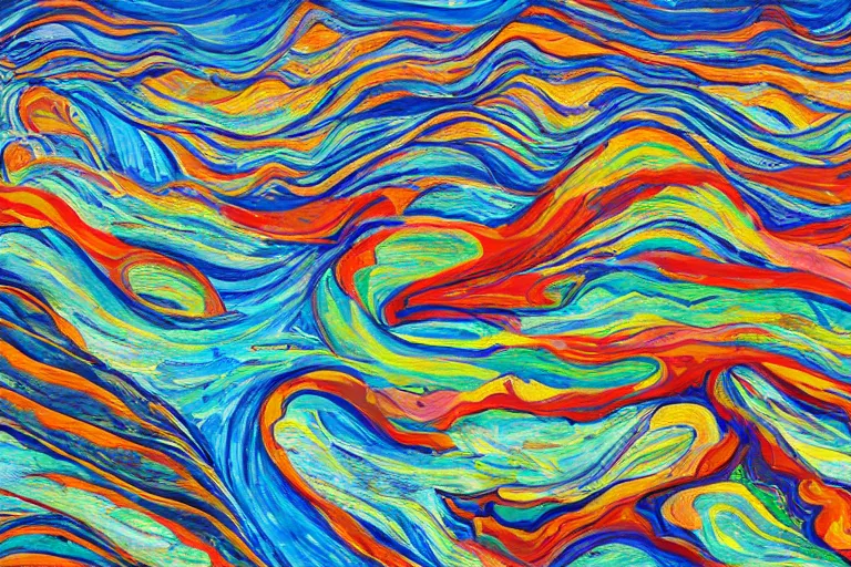 Prompt: A wild, insane, modernist landscape painting. Wild energy patterns rippling in all directions. Curves, organic, zig-zags. Mountains. Clouds. Rushing water. Waves. LSD. DMT