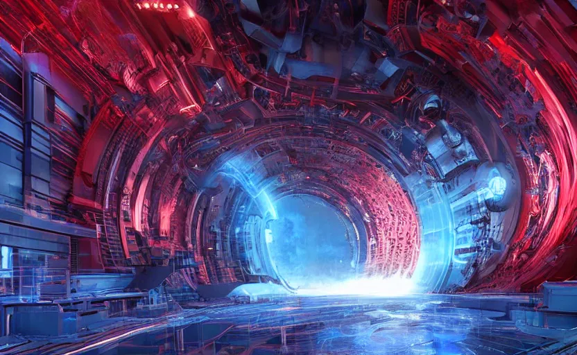 Prompt: giant Plasma fusion reactor power station, red, blue , hyperrealistic mixed media, stunning 3d render inspired art by P. Craig Russell and Barry Windsor-Smith + perfect facial symmetry + dim volumetric lighting, 8k octane beautifully detailed render, post-processing, extremely hyperdetailed, intricate futuristic mechanic parts, epic composition, grim yet sparkling atmosphere, cinematic lighting + masterpiece, trending on artstation