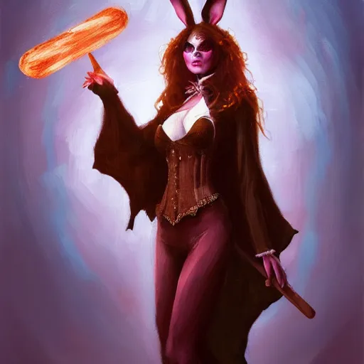 Image similar to oil painting of a rabbit dressed like a female stage magician holding a magic wand, urban fantasy art by seb mckinnon, artstation npc character design, top - rated