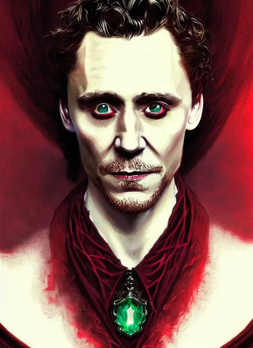 Image similar to portrait of tom hiddleston as a vampire lord, crimson peek, jewelry, greek, emerald, intricate, headshot, highly detailed, digital painting, artstation, concept art, sharp focus, cinematic lighting, illustration, art by artgerm and greg rutkowski, alphonse mucha, cgsociety