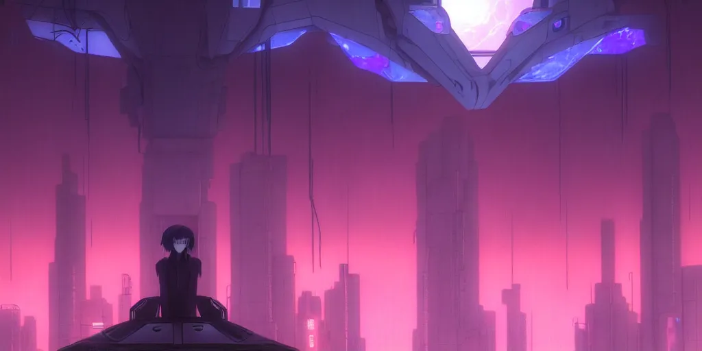 Prompt: twilight lighting, moody, atmospheric, solarpunk, cyberpunk, a render of the scp gate guardian, rainy, in the art style of neon genesis : evangelion, 8 0 s anime style, by ghibli studio and victor ngai, ghost in the shell art style, akira artstyle, pixar highly detailed, 8 k h 5 7 6