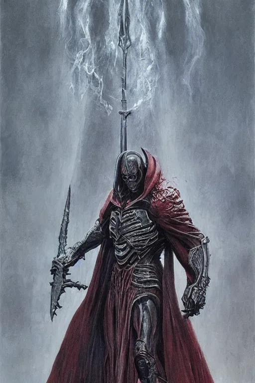 Prompt: Nicolas Cage as distorted god knight in dark robe with a giant reaper scythe, dark fantasy, intricate, highly detailed, smooth, artstation, painted by Wayne Barlowe, zdislav beksinski, Francis Bacon