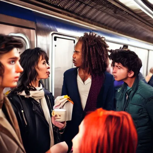 Prompt: A group of friends talking while standing inside a crowded compartment of the New York metro on Halloween, cinematic, 4k, thriller