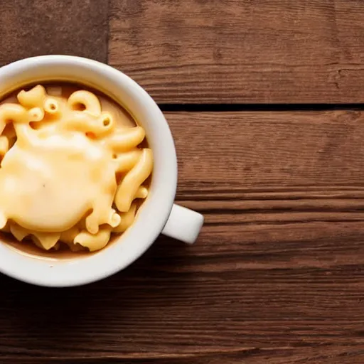 Prompt: A found photo of a living box of mac and cheese holding a cup of coffee, eldritch horror