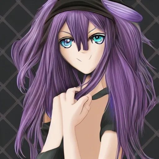 Prompt: Beautiful Digital illustration of long purple haired anime girl with black clothes and enderman hat
