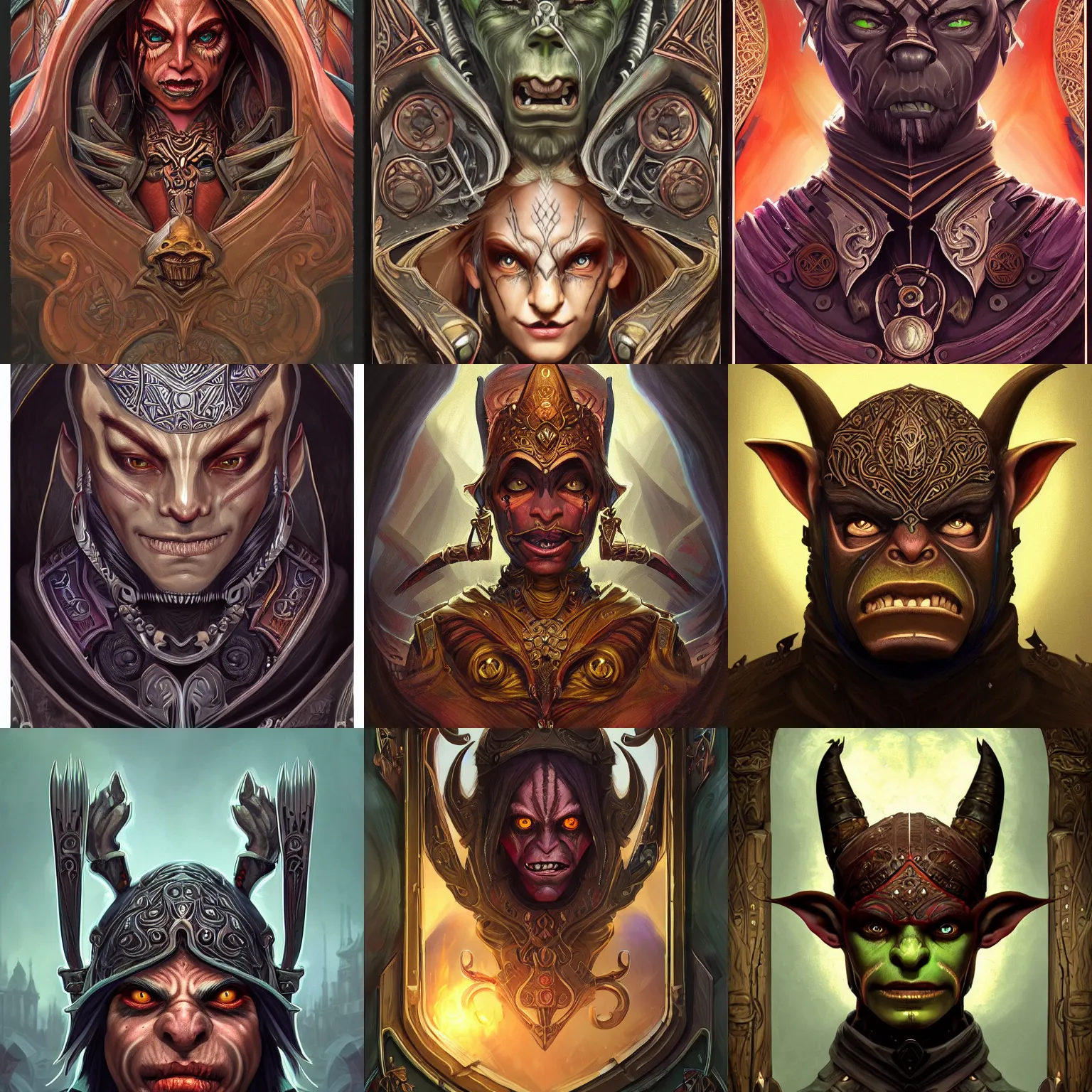 Prompt: head-on symmetrical centered painted portrait, Warcraft goblin assassin, black leather armour, art nouveau, tarot card style, fantasy, intricate, elegant, highly detailed, smooth, sharp focus, illustration, artstation, in the style of Artgerm and Anna Podedworna and Alex Ross and Mucha