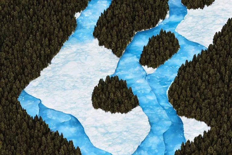 Prompt: areal view of a mile tall ice wall, spanning a continent, dividing a green forest, fantasy, digital art, brilliant, trending on artstation