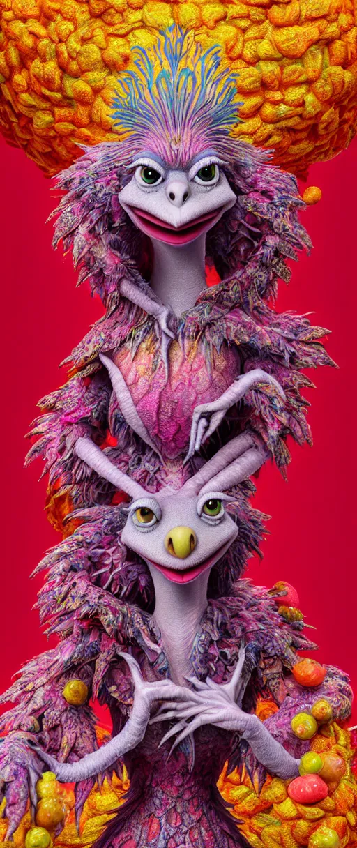 Image similar to hyper detailed 3d render like a Oil painting - kawaii portrait of quirky Aurora (a beautiful skeksis muppet fae queen from dark crystal that looks like Anya Taylor-Joy) seen red carpet photoshoot in UVIVF posing in scaly dress to Eat of the Strangling network of yellowcake aerochrome and milky Fruit and His delicate Hands hold of gossamer polyp blossoms bring iridescent fungal flowers whose spores black the foolish stars by Jacek Yerka, Ilya Kuvshinov, Mariusz Lewandowski, Houdini algorithmic generative render, Abstract brush strokes, Masterpiece, Edward Hopper and James Gilleard, Zdzislaw Beksinski, Mark Ryden, Wolfgang Lettl, hints of Yayoi Kasuma and Dr. Seuss, octane render, 8k