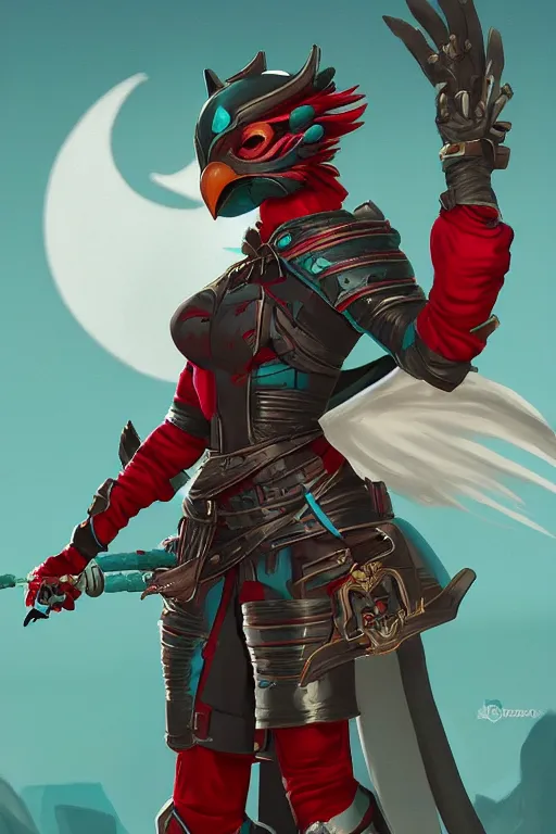 Image similar to female adventurer in tight full - body teal leather armor of japanese design with red accents and a white porcelain crow mask, trending in artstation, japanese, artstation, big moon in the background, establishing shot