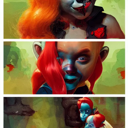 Image similar to Harley Quinn but she's a young ape kid girl, illustration, comic, by James Jean, by John Coltrane and Marc Simonetti, high detail of the face, full body