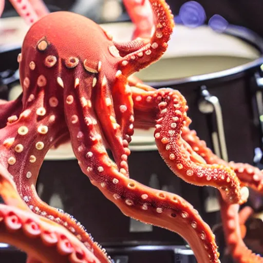 Prompt: photo of an octopus playing the drums